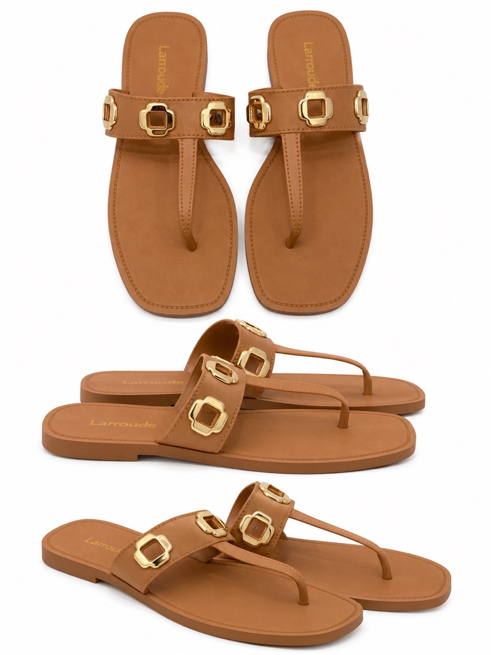 Larroude Tan Slide Sandals with Gold Buckle Detail